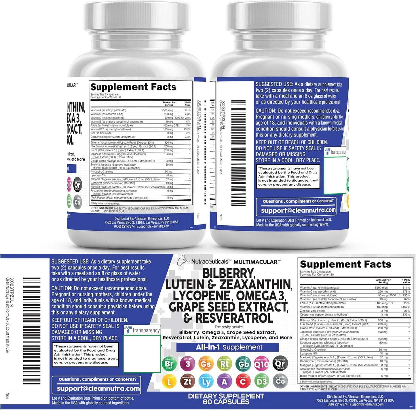 Clean Nutra - Vitaminas para los ojos con arándano, luteína y zeaxantina, suplementos de licopeno de 40 mg de resveratrol , Suplemento vitamínico y mineral  60 Capsulas