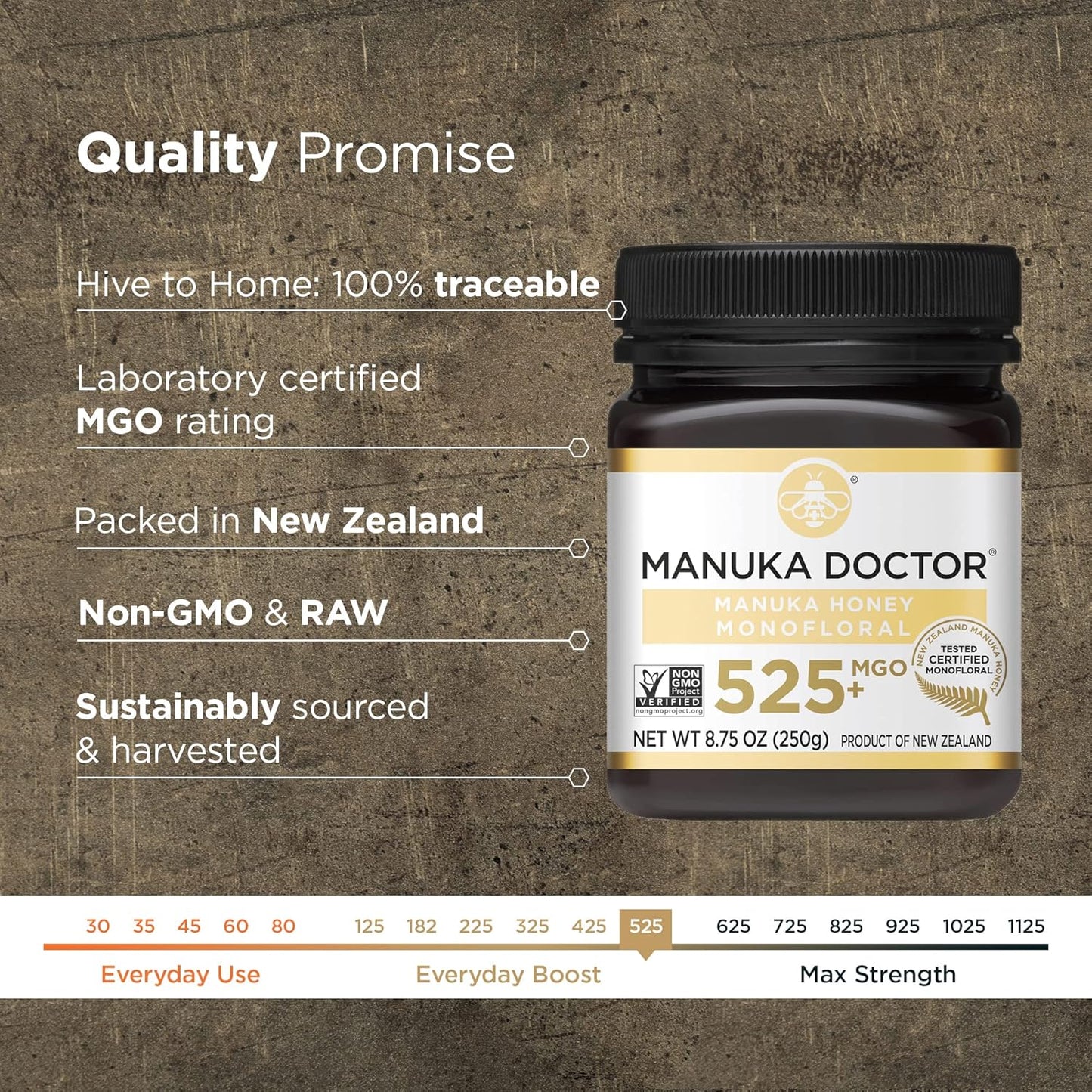 Manuka Doctor - Monofloral de miel de manuka MGO 525+, miel de Nueva Zelanda 100% pura. 250gr.