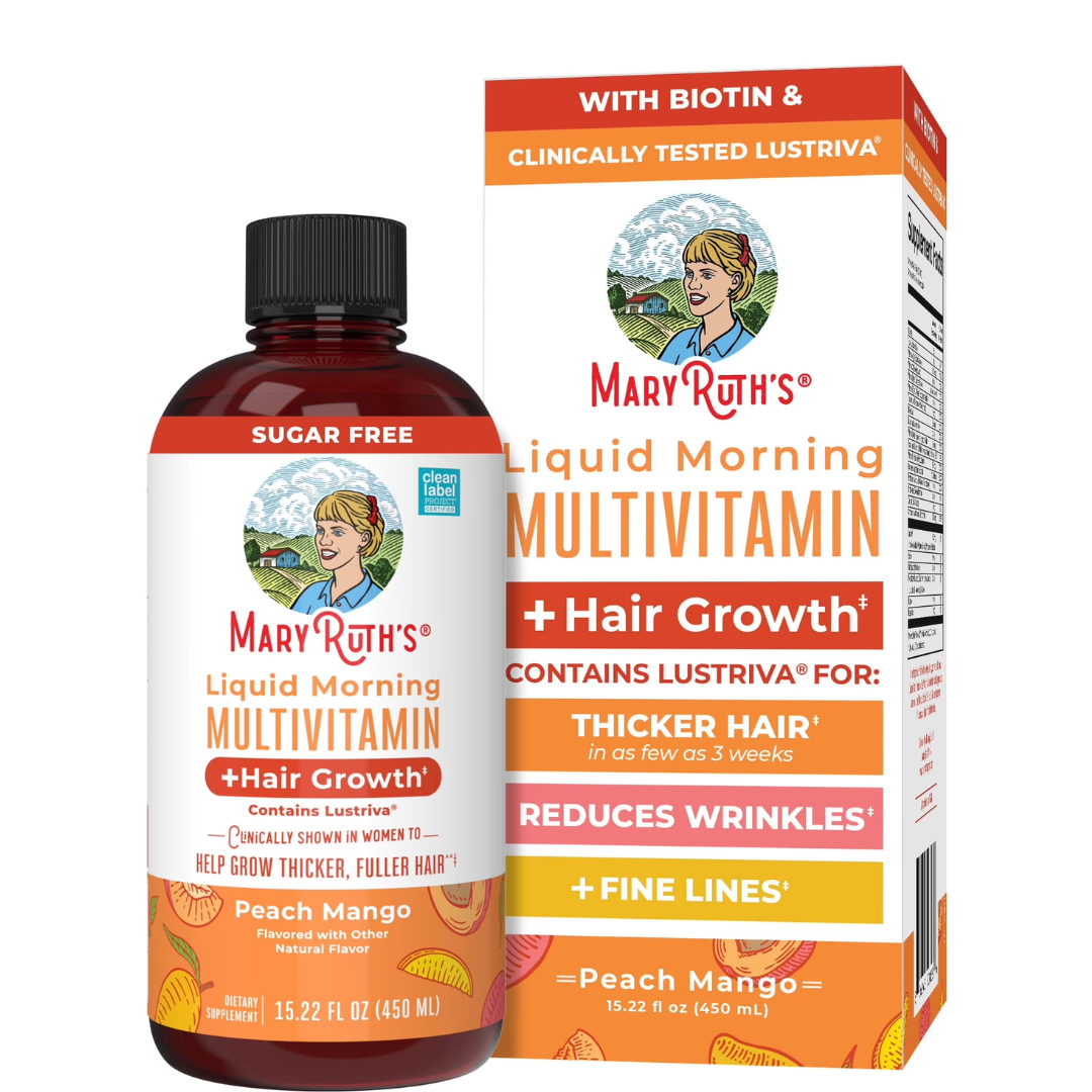 MaryRuth Organics Multivitamínico Líquido + Lustriva Hair Growth, Biotina 10000mcg, Clínicamente Probado para Mujeres con Cabello Más Grueso y Arrugas Faciales - 450ml