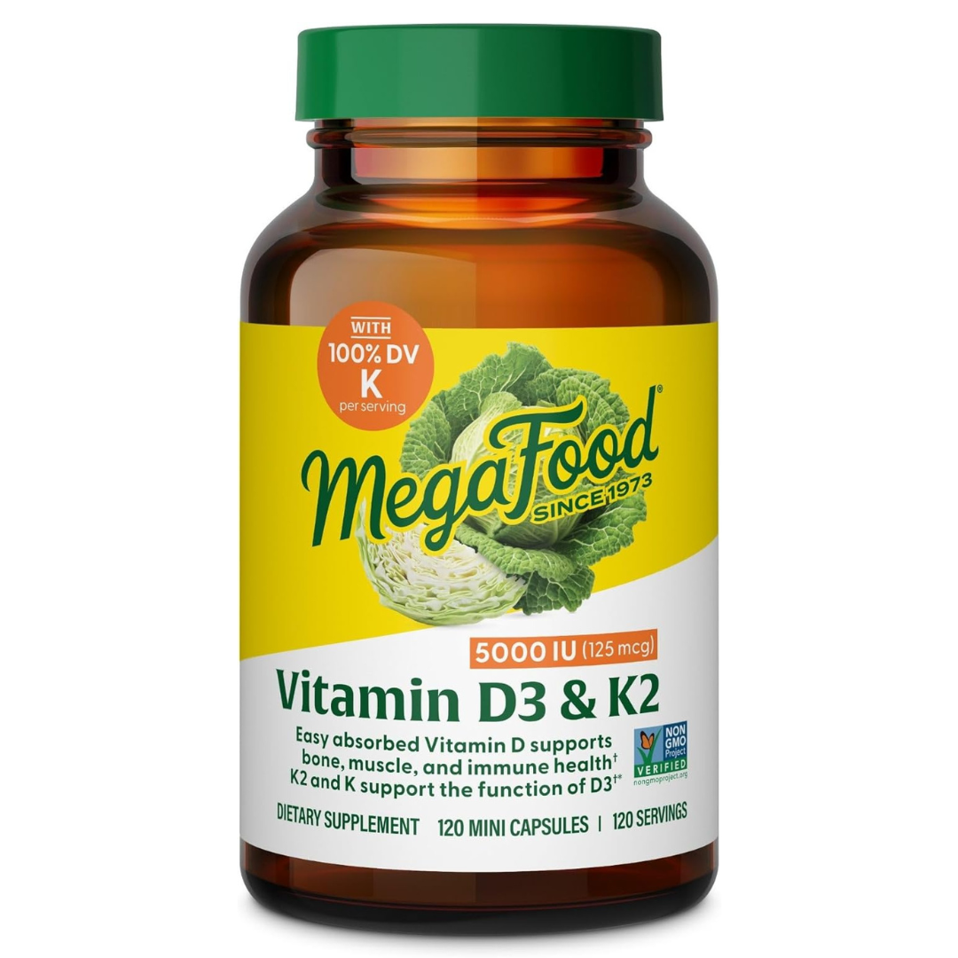 MegaFood - Vitamina D3 & K2 5000IU(125mcg), 120 mini capsulas