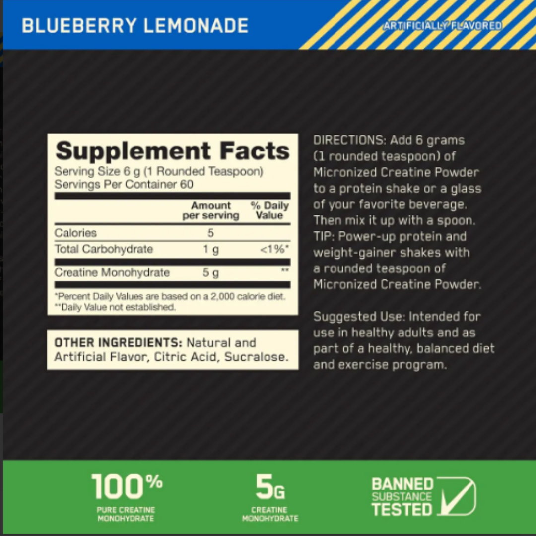 Optimum Nutrition - Micronized Creatine 5g, sabor limonada de arandanos - 360g