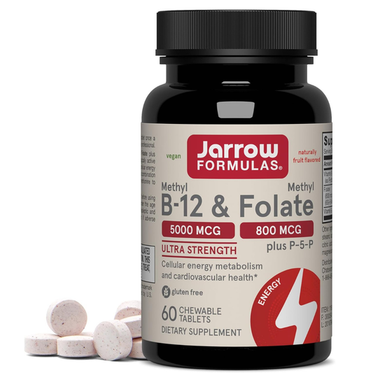 Jarrow Formulas - Methyl B-12(5000mcg) & Folate(800mcg), 60 tabletas masticables