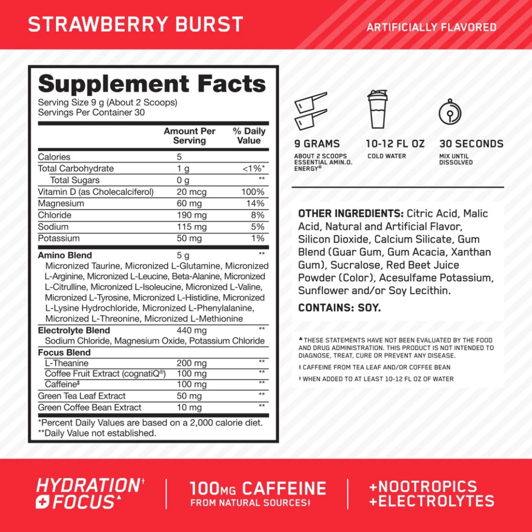 Optimum Nutrition - Amino Energy 100mg , sabor fresa - 270g
