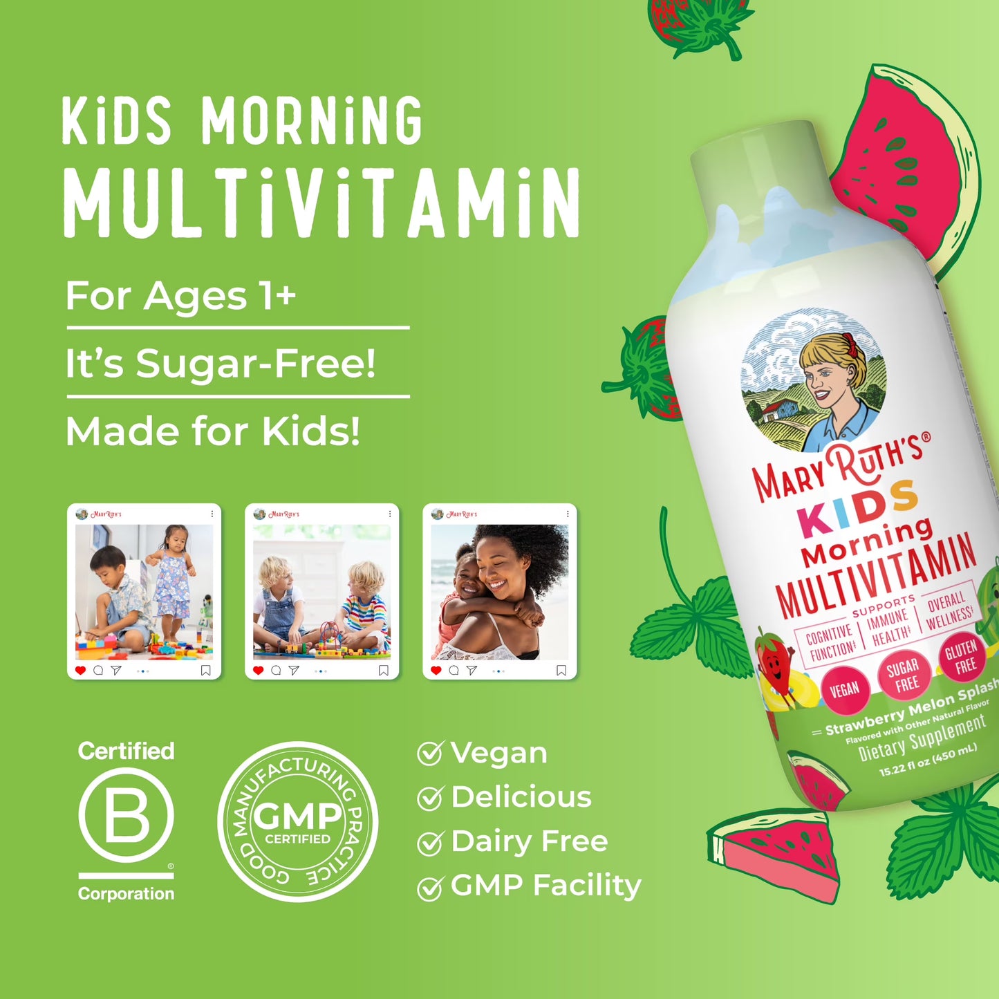 MaryRuth Organics Kids Multivitamínico Líquido para la Salud de los Niños, sabor a Melón y Fresa - 450ml