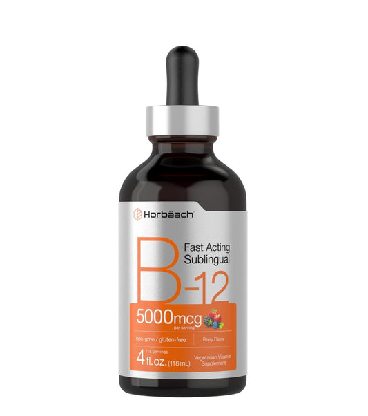 Horbaach B12 Vitamina 5000 mcg Sublingual | 4 onzas líquidas | como metilcobalamina y cianocobalamina | Gotas  Suplemento sin OMG y sin gluten