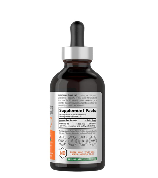 Horbaach B12 Vitamina 5000 mcg Sublingual | 4 onzas líquidas | como metilcobalamina y cianocobalamina | Gotas  Suplemento sin OMG y sin gluten