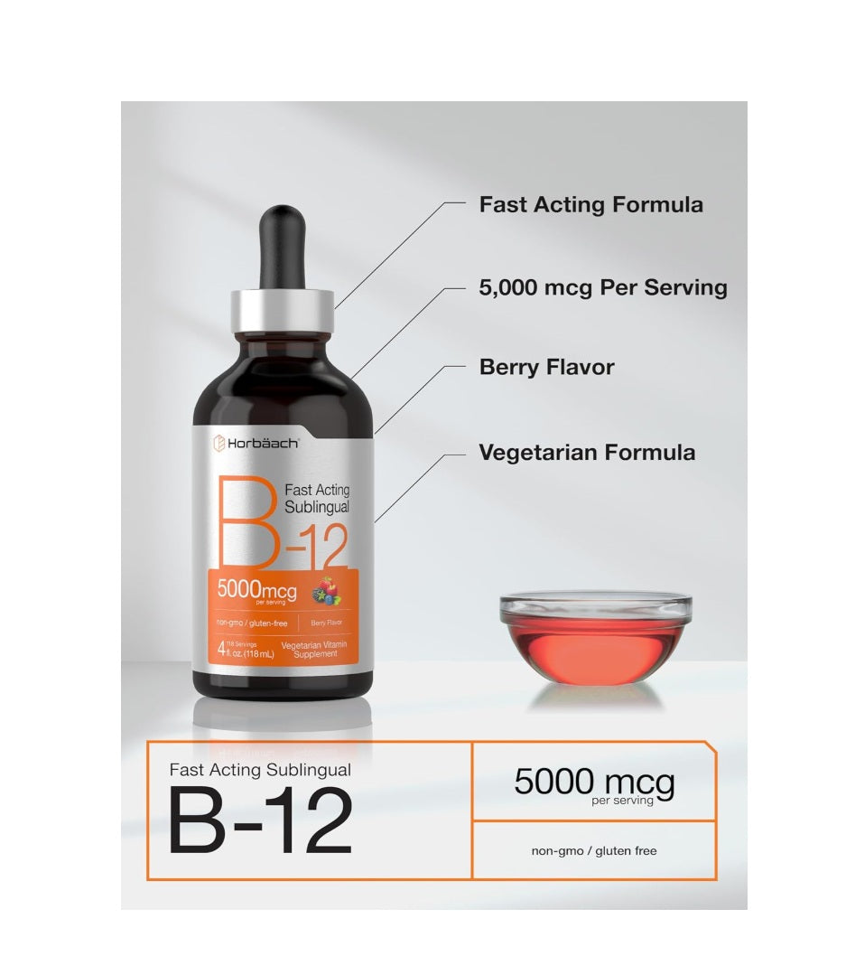 Horbaach B12 Vitamina 5000 mcg Sublingual | 4 onzas líquidas | como metilcobalamina y cianocobalamina | Gotas  Suplemento sin OMG y sin gluten