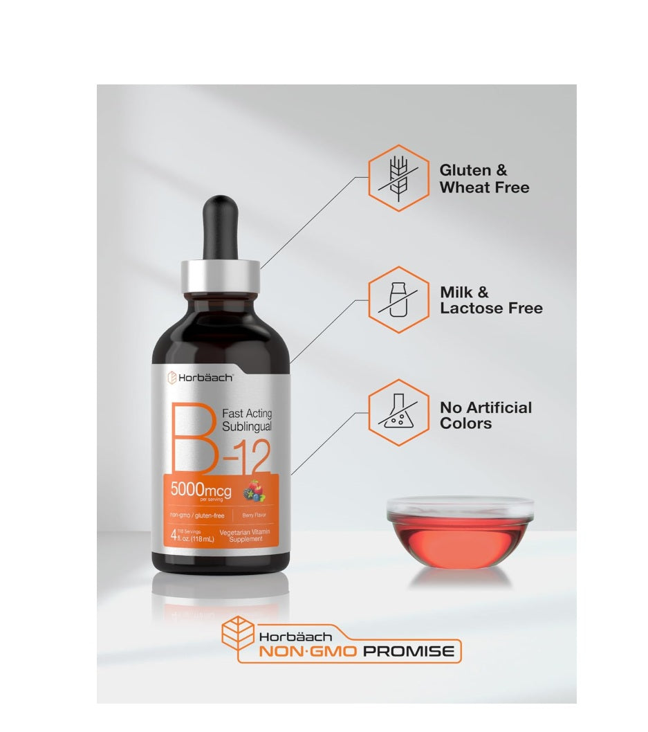 Horbaach B12 Vitamina 5000 mcg Sublingual | 4 onzas líquidas | como metilcobalamina y cianocobalamina | Gotas  Suplemento sin OMG y sin gluten