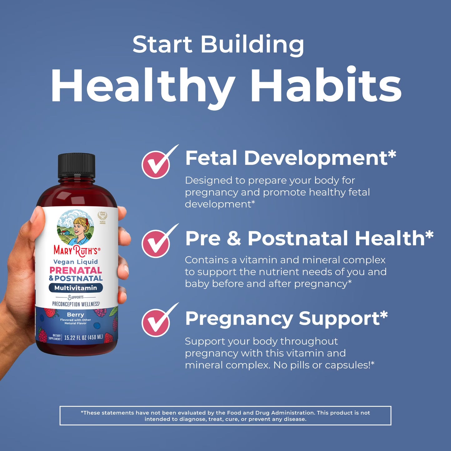 MaryRuth Organics Multivitamínico Líquido Prenatal y Posnatal, Berry, sin Azúcar,450ml