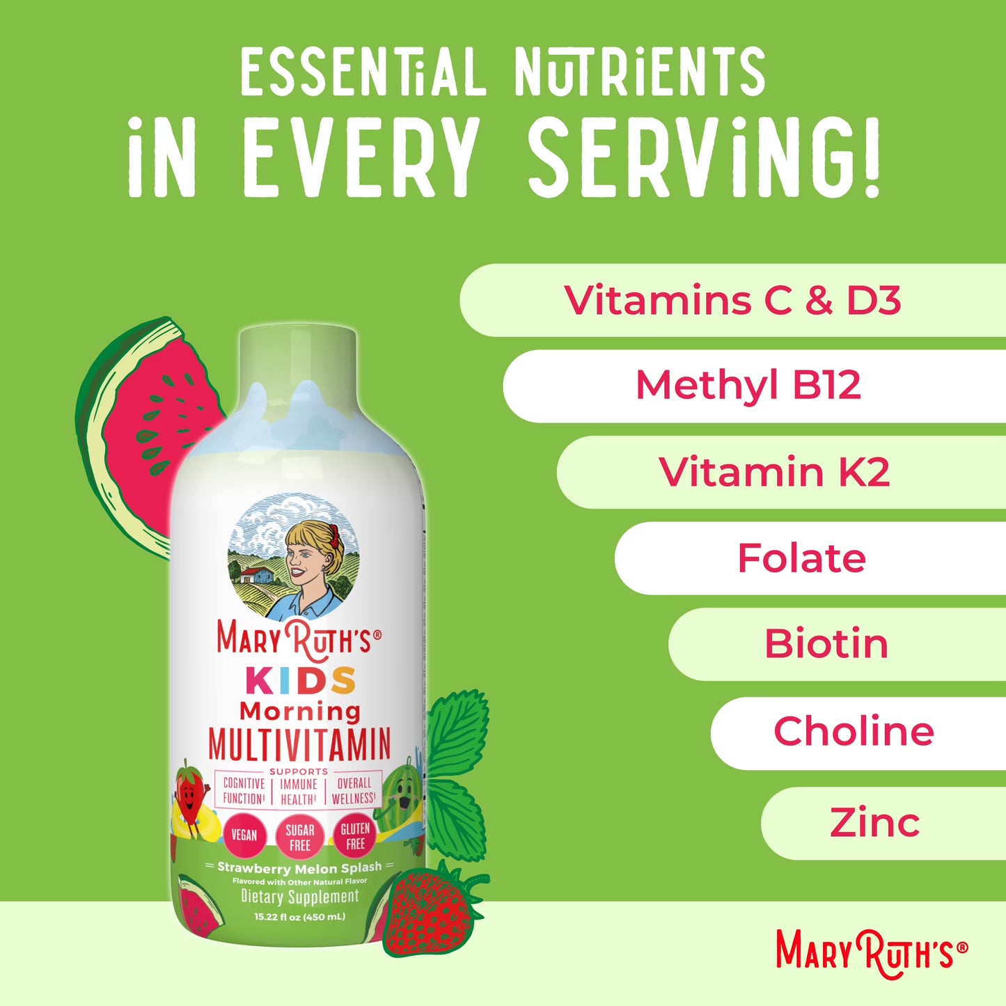 MaryRuth Organics Kids Multivitamínico Líquido para la Salud de los Niños, sabor a Melón y Fresa - 450ml