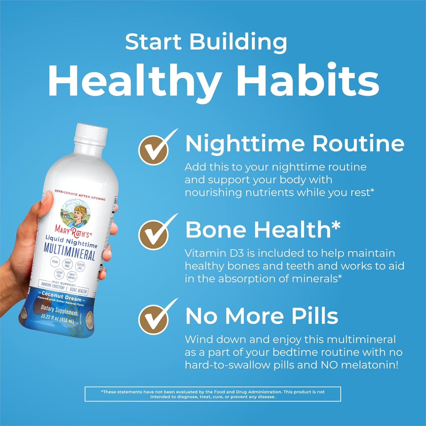 MaryRuth's Multimineral Líquido Nocturno, Citrato de Magnesio, sin Melatonina, Calmante, sin Azúcar, Vegano, Coco - 450ml