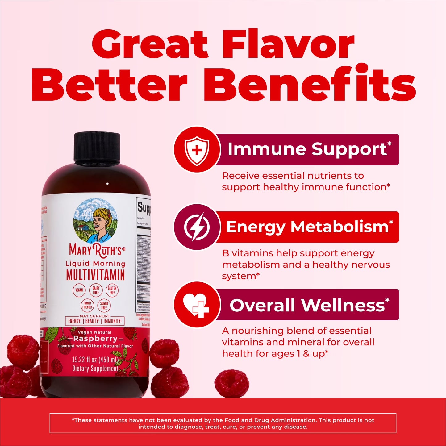 MaryRuth Organics Multivitamínico Líquido Matutino, Vegano, Salud y Bienestar General para Adultos y Niños, Frambuesa- 450ml