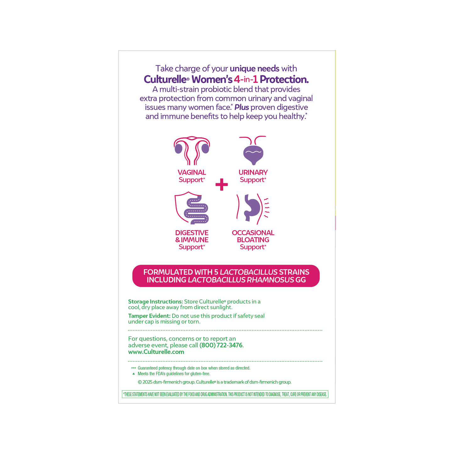 Culturelle Probióticos Suplemento Diario de Protección 4 en 1 para Mujeres, Apoya el Microbioma Femenino, 50 Unidades