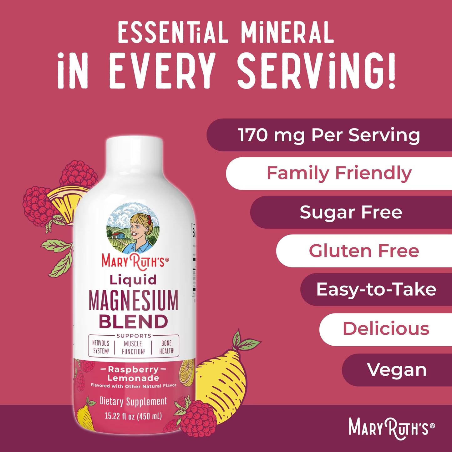 MaryRuth's Mezcla Líquida de Magnesio, Limonada de Frambuesa, Apoyo para el Sueño, 450ml